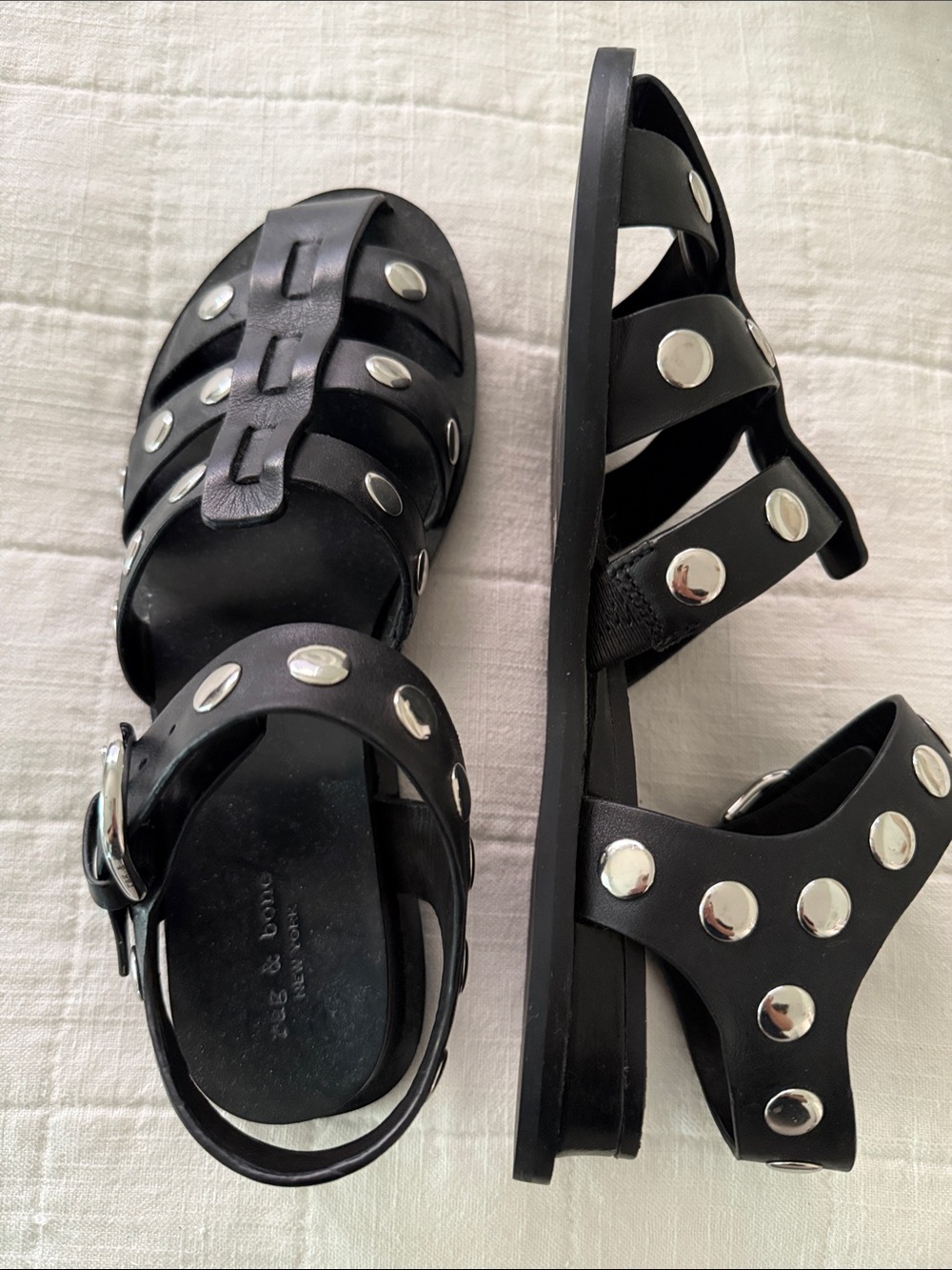 New! Rag & Bone Black Leather Studded Gladiator Sandals - Silver Accents